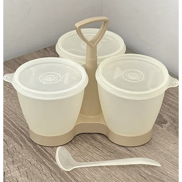 Vintage Tupperware 757 Condiment Serving Caddy Tan 3 Containers/Lids Relish - Picture 1 of 5